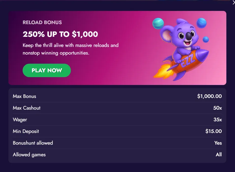 bonus reload w ezz kasyno